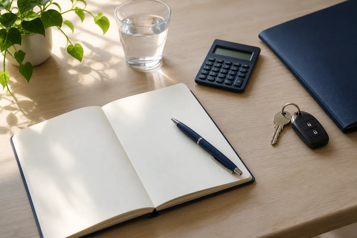 An open notebook, calculator, keys and a blue folder arranged on a desk.