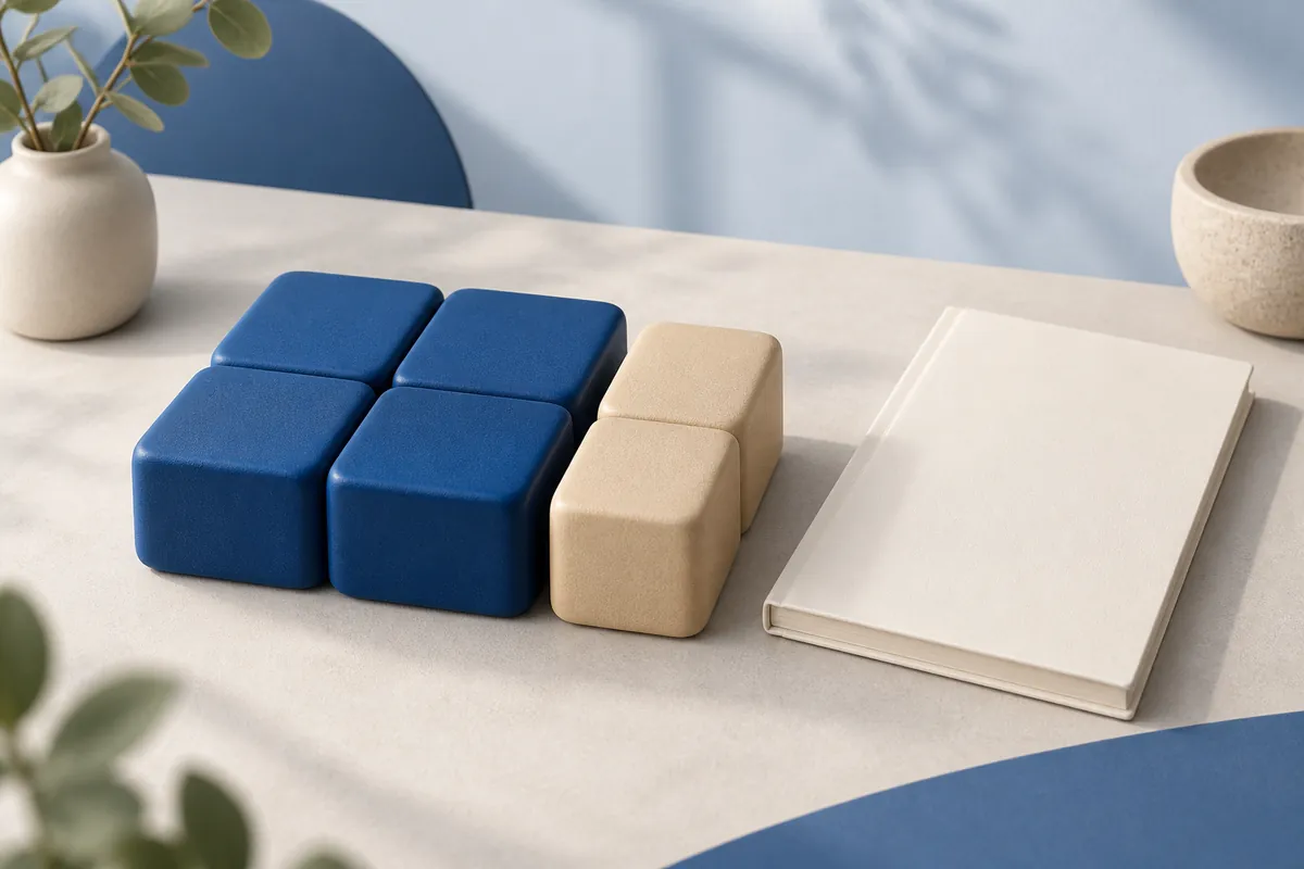 Blue and sand-colored blocks arranged in separate groups beside a plain booklet.