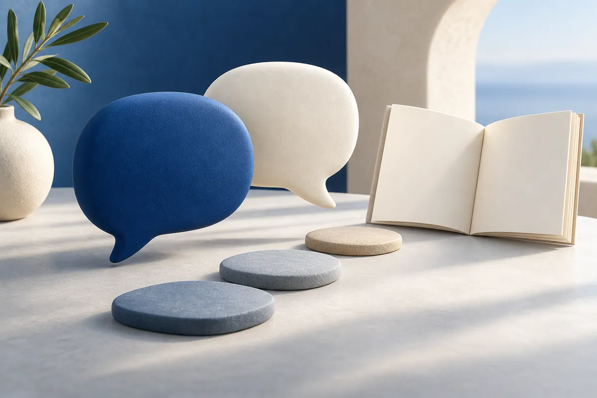 An illustration of conversation bubbles and stepping stones leading to an open booklet.