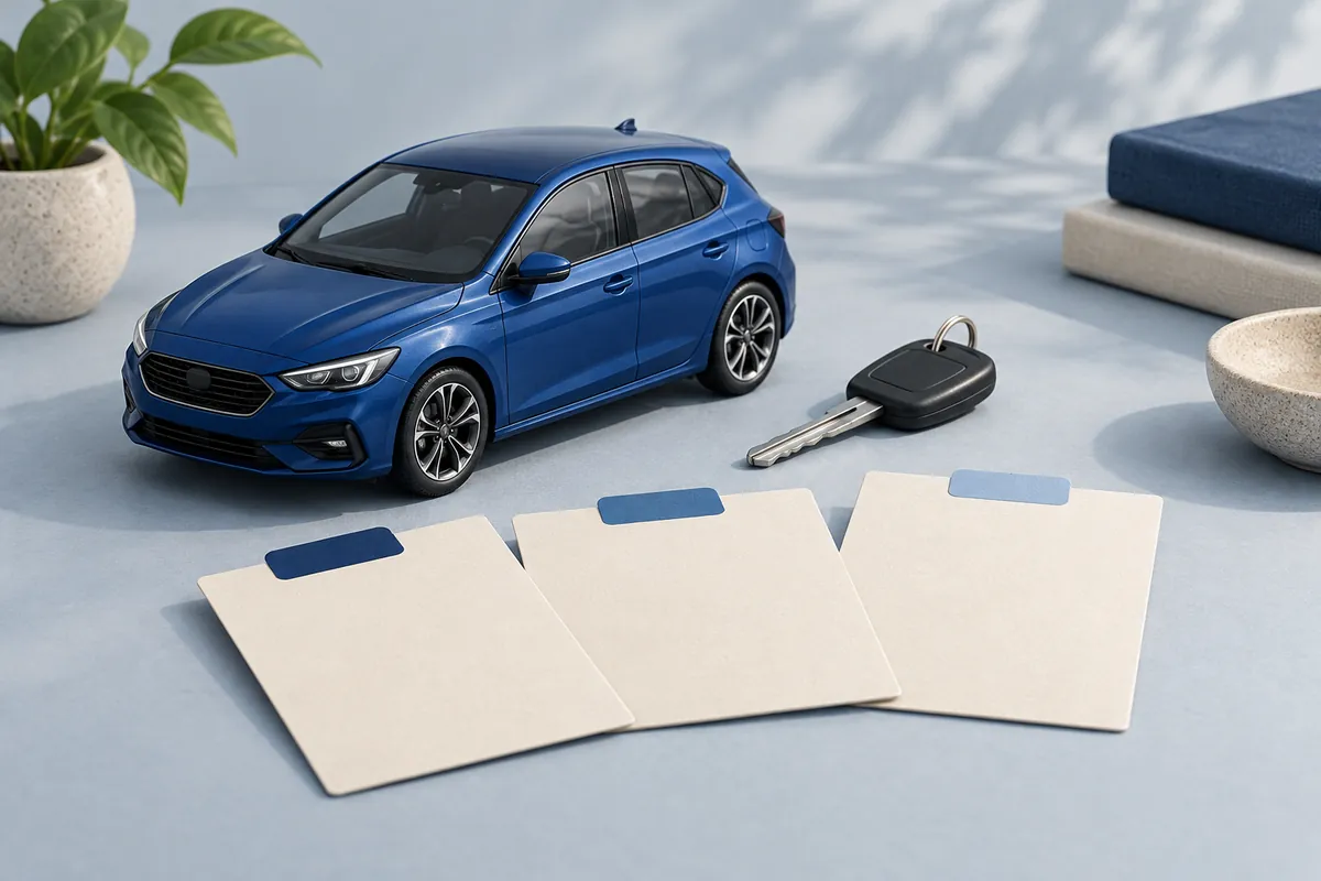 An illustration of a blue car model, a key and blank information cards.