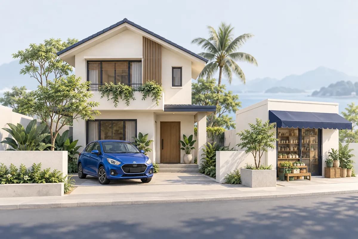 Illustration of a home, a car and a small shop with tropical plants.